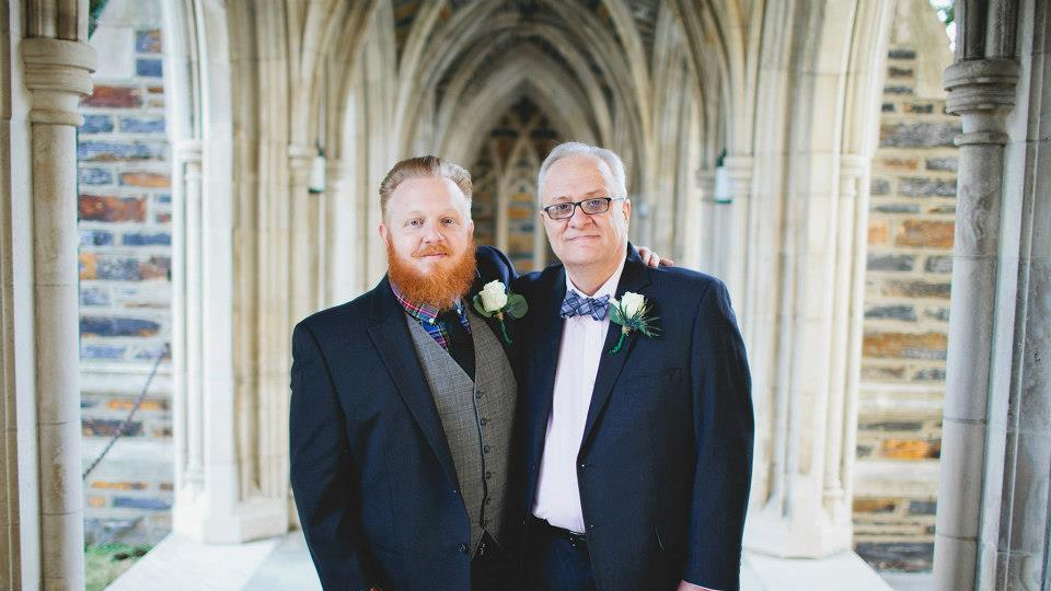 In 2013, at his wedding, the author with his father, Marty, outside Duke University Chapel in Durham, North Carolina (photo courtesy of the Cox family)