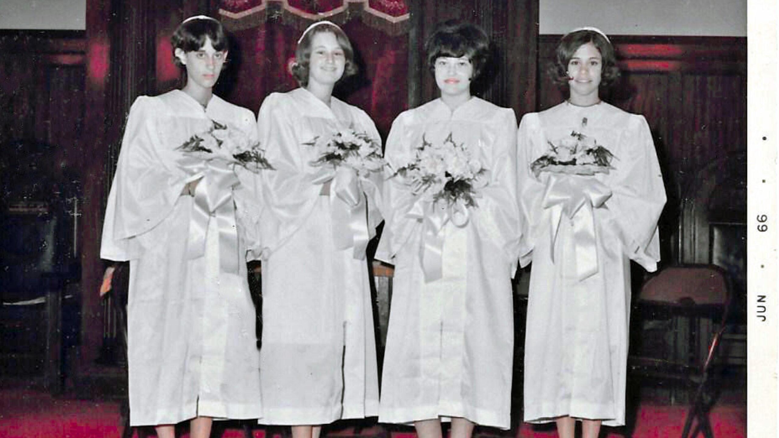 The author, at right, with three of her classmates at their Sunday School Confirmation Service, Beth Israel Synagogue in Roanoke, Virginia, in 1966