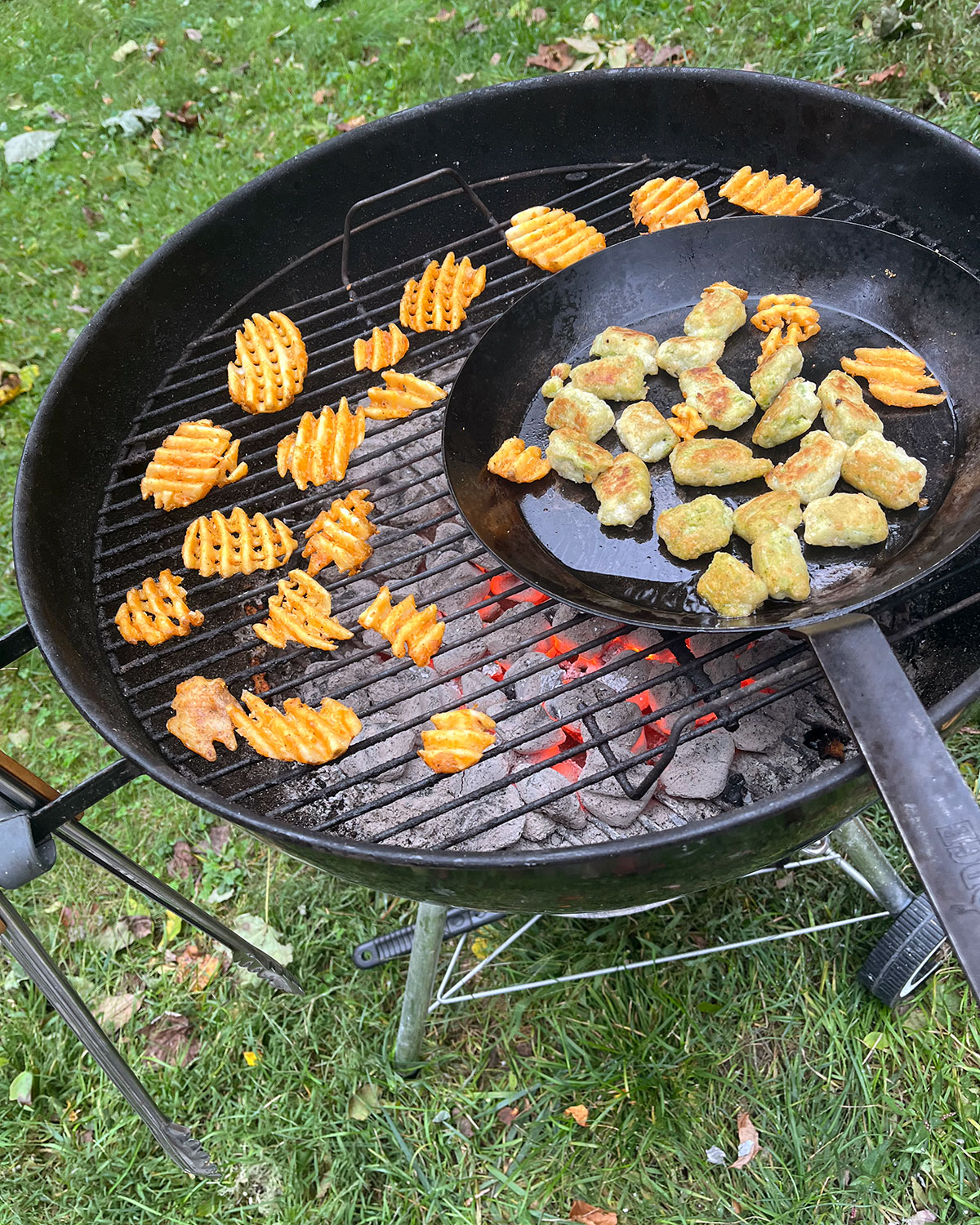 Grilling the ungrillable—frozen waffle fries and broccoli tots—in Valle Crucis