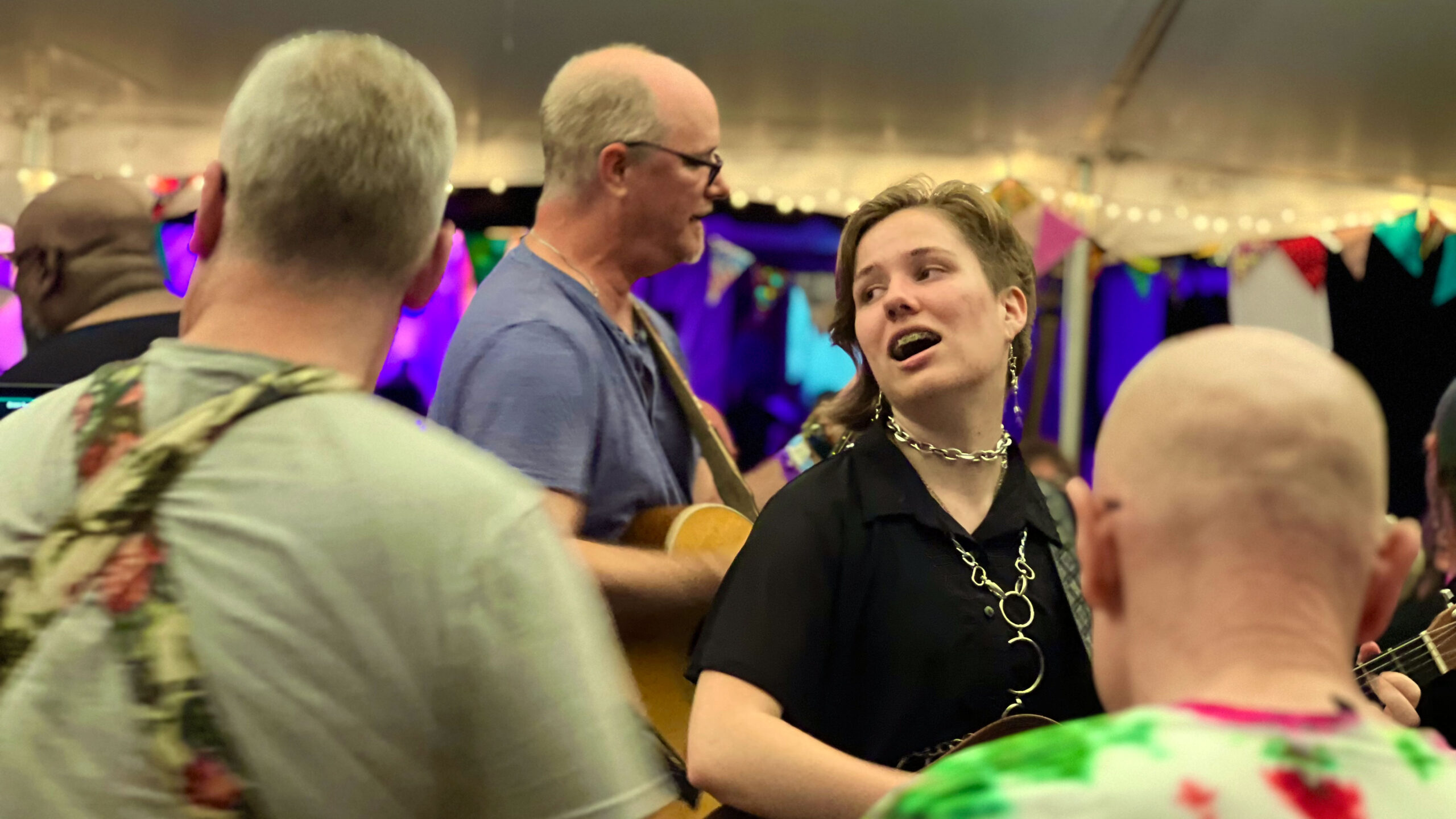 A ragtag band leads hundreds festival-goers every night in boisterous versions of hymns ranging from “Abide With Me” to “When the Saints Go Marching In.”