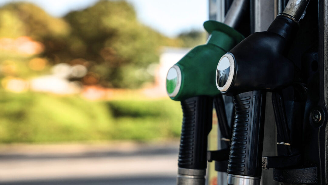 Gas pump nozzles in green and black stand ready at a fuel station, their chrome accents gleaming against a soft-focus background of summer foliage.