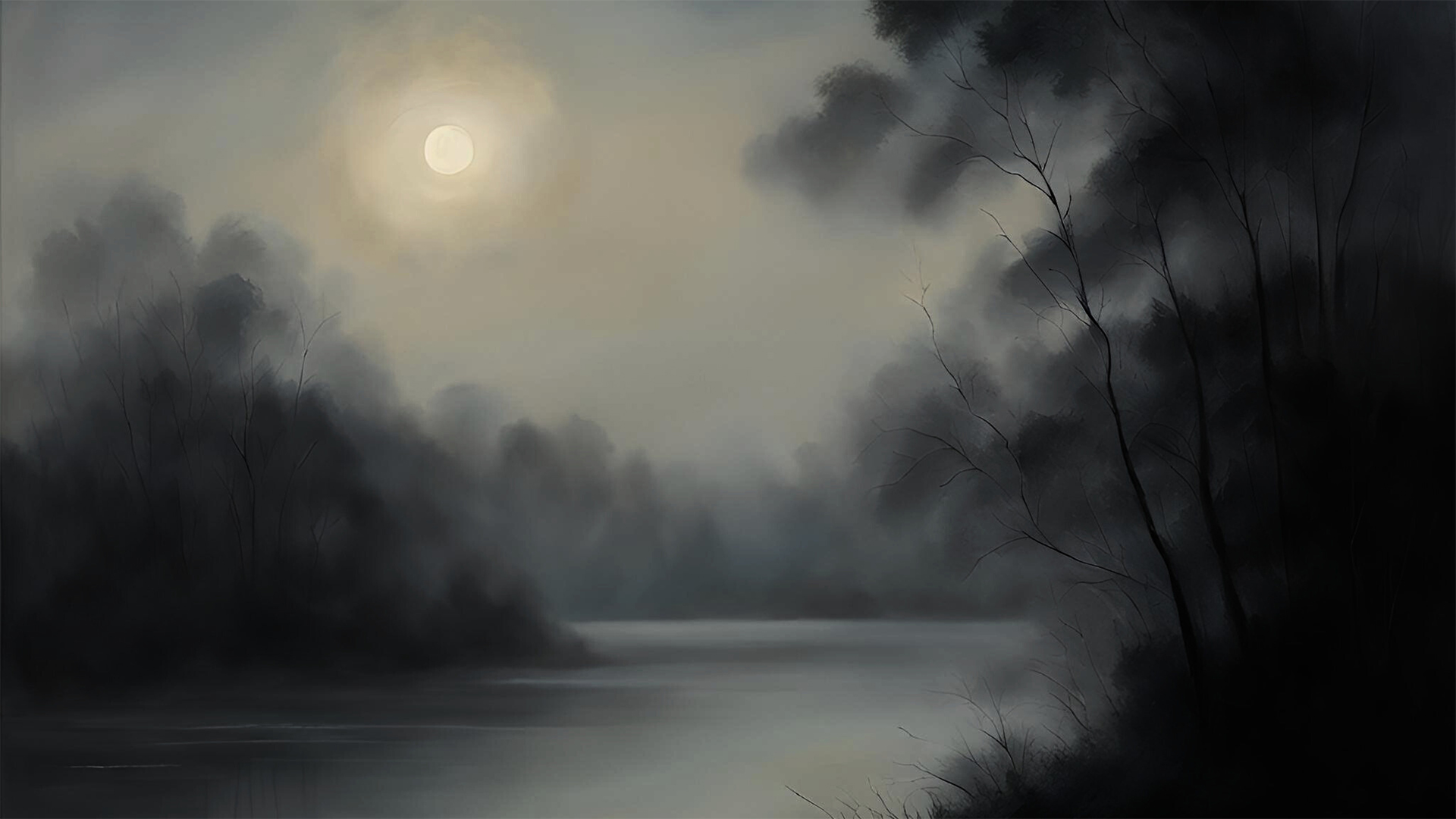 A moody landscape painting depicting a misty lake at night, with dark silhouettes of trees framing the scene. A full moon glows through cloudy skies, casting an ethereal light over the water, creating an atmospheric, serene image of a place that is perfect for nightswimming, and the perfect accompaniment for this piece of Southern nature poetry.