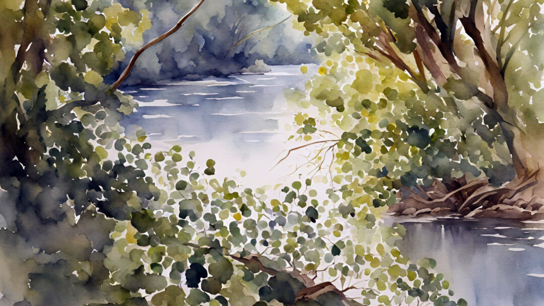 Watercolor painting of tree roots and rivers framed by delicate spring foliage, with sunlight filtering through leafy branches onto rippling blue-gray water.