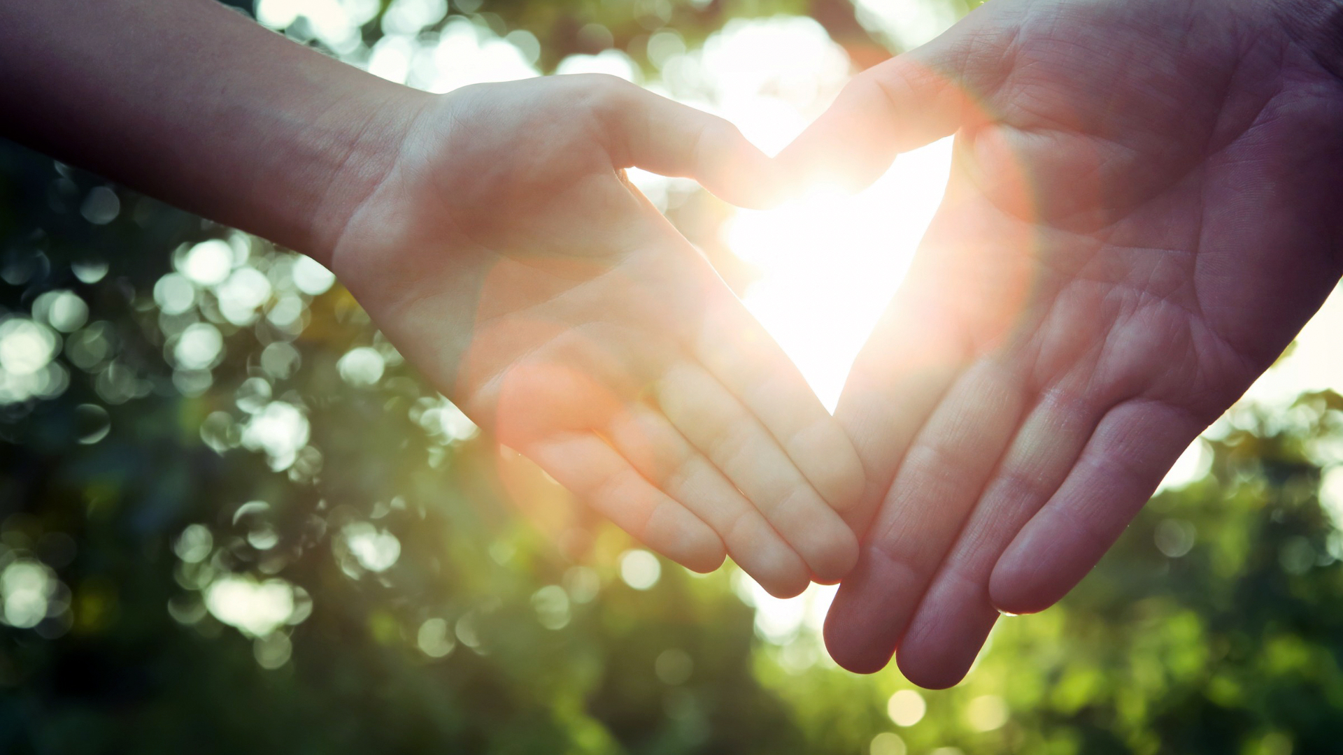 Two hands form a heart shape against sunlit foliage, symbolizing the tender connection between generations in West Virginia poetry, capturing the essence of childhood memories and family bonds in rural Appalachia through filtered sunshine and bokeh effects.