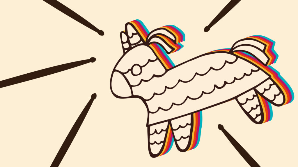 A minimalist line drawing of a pinata donkey with rainbow-colored offset edges against a cream background, symbolizing childhood games, cultural discrimination, and generational trauma in Southern traditions.