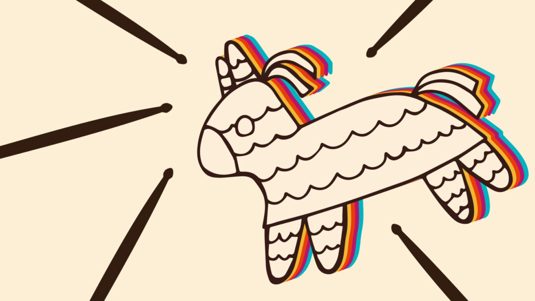 A minimalist line drawing of a pinata donkey with rainbow-colored offset edges against a cream background, symbolizing childhood games, cultural discrimination, and generational trauma in Southern traditions.