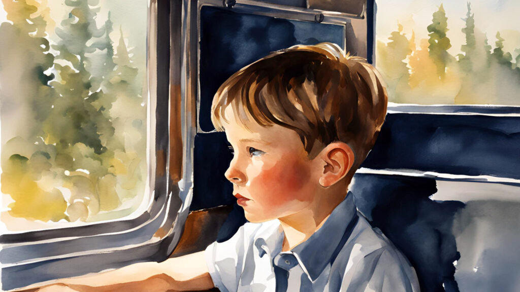 A watercolor illustration depicts a young boy gazing pensively out a bus window, capturing a poignant moment. The child, wearing a white shirt and blue collar, is shown in profile against the navy blue bus interior, while sunlit pine trees blur past the window. This evocative scene from fiction writer John M. Williams' coming-of-age short story reflects childhood's fleeting innocence in 1960s Montgomery.