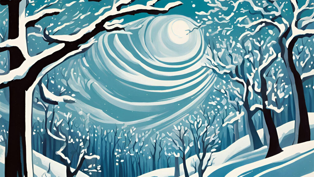 A stylized Southern Appalachian winter landscape illustration in shades of turquoise and white. Inspired by the words of poet Christ Wood, a full moon dominates the night sky, surrounded by concentric circular halos. Snow-covered trees with black trunks frame the scene, their branches laden with white snow. Snowflakes fall throughout the image, creating a dreamy, ethereal atmosphere. The composition curves upward toward the moon, creating a sense of movement and drawing the eye skyward through the snowy forest.