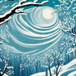 A stylized Southern Appalachian winter landscape illustration in shades of turquoise and white. Inspired by the words of poet Christ Wood, a full moon dominates the night sky, surrounded by concentric circular halos. Snow-covered trees with black trunks frame the scene, their branches laden with white snow. Snowflakes fall throughout the image, creating a dreamy, ethereal atmosphere. The composition curves upward toward the moon, creating a sense of movement and drawing the eye skyward through the snowy forest.