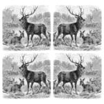 A vintage black and white engraving repeated in quadrants shows a majestic buck deer with full antlers standing alert in a woodland setting, accompanied by resting does. The image accompanies Paul Jones' new poetry collection in Salvation South magazine. In the background, additional deer graze peacefully. The detailed crosshatching and classical style of the illustration evokes themes of natural dignity, endurance, and timeless relationships in the American wilderness. The mirrored composition creates a symmetrical pattern that reinforces themes of reflection and contemplation.