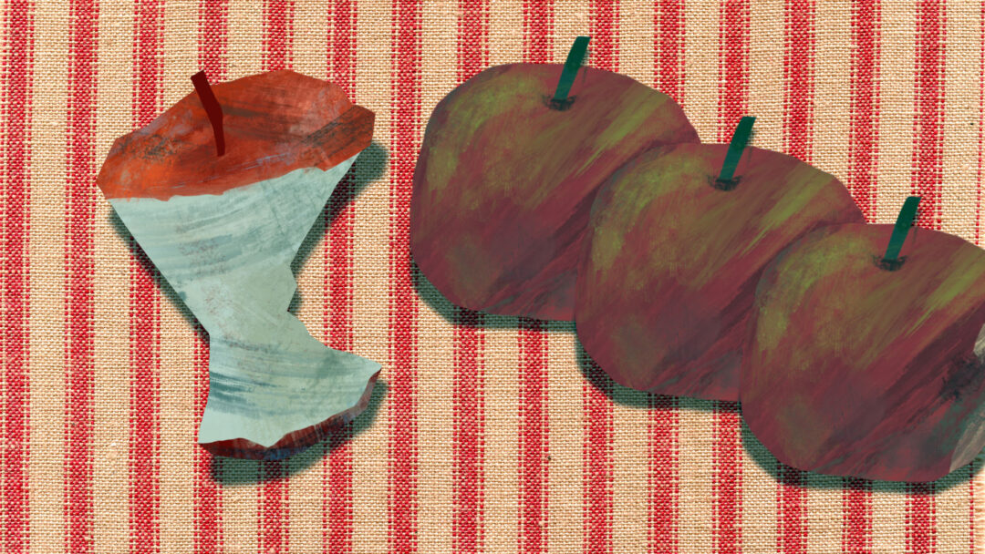 Against a red and white striped fabric background reminiscent of a vintage tablecloth, a painted illustration shows a half-eaten apple core and three whole red apples. The core reveals pale flesh within its reddish-brown exterior, while the whole apples display subtle green undertones in their deep red coloring, creating a poignant scene that reflects Carrie Green's poem about family memories and grief through food symbolism.