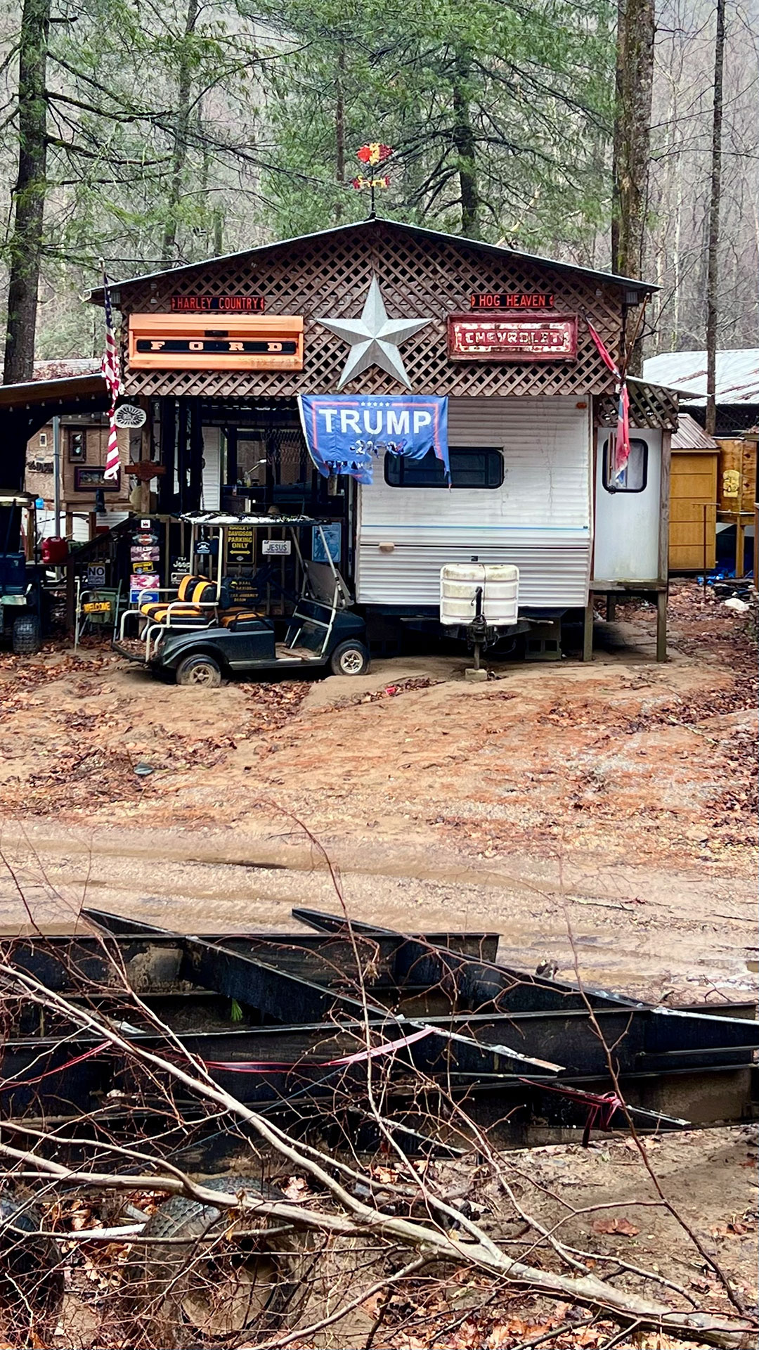 A campground along Buck Creek, where dozens of travel trailers were parked beneath permanent shelters, now appears largely abandoned.