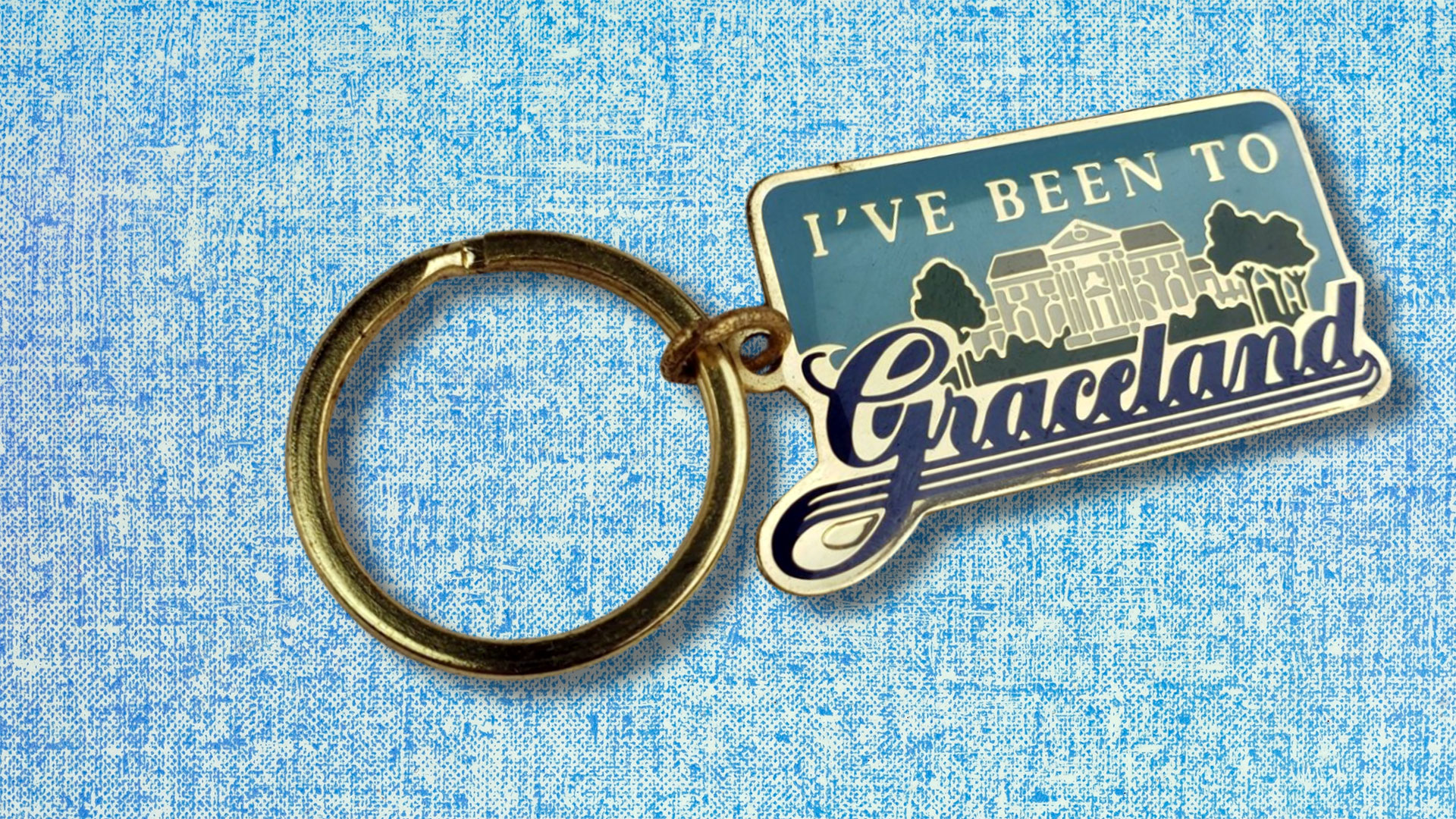 'I’ve Been to Graceland' keychain illustration accompanying Sybil Rosen’s short story 'Graceland,' part of her 'Riding the Dog' collection of Greyhound bus stories.