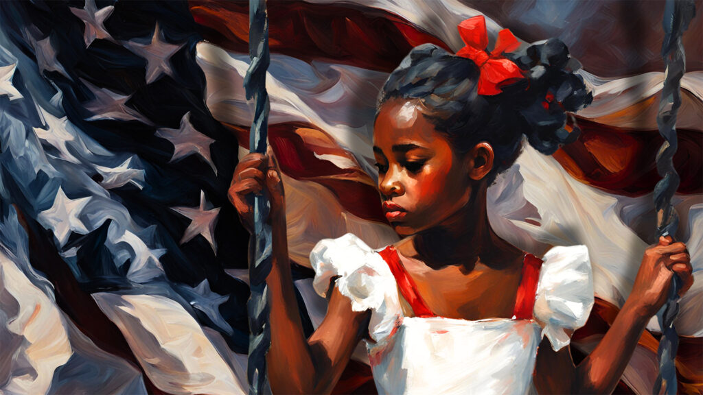 A young girl with red ribbons in her hair on a swing, set against an American flag, symbolizing themes from the American blues poetry "I Hear America Singing the Blues" by Jacqueline Allen Trimble.