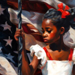 A young girl with red ribbons in her hair on a swing, set against an American flag, symbolizing themes from the American blues poetry "I Hear America Singing the Blues" by Jacqueline Allen Trimble.