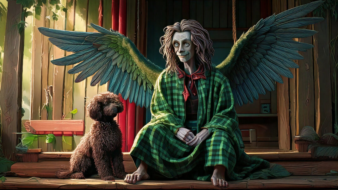 Southern fiction Mothman lounges with a poodle in "A Temporary Arrangement," a divorce short story that explores what happens when a cryptid joins the family.