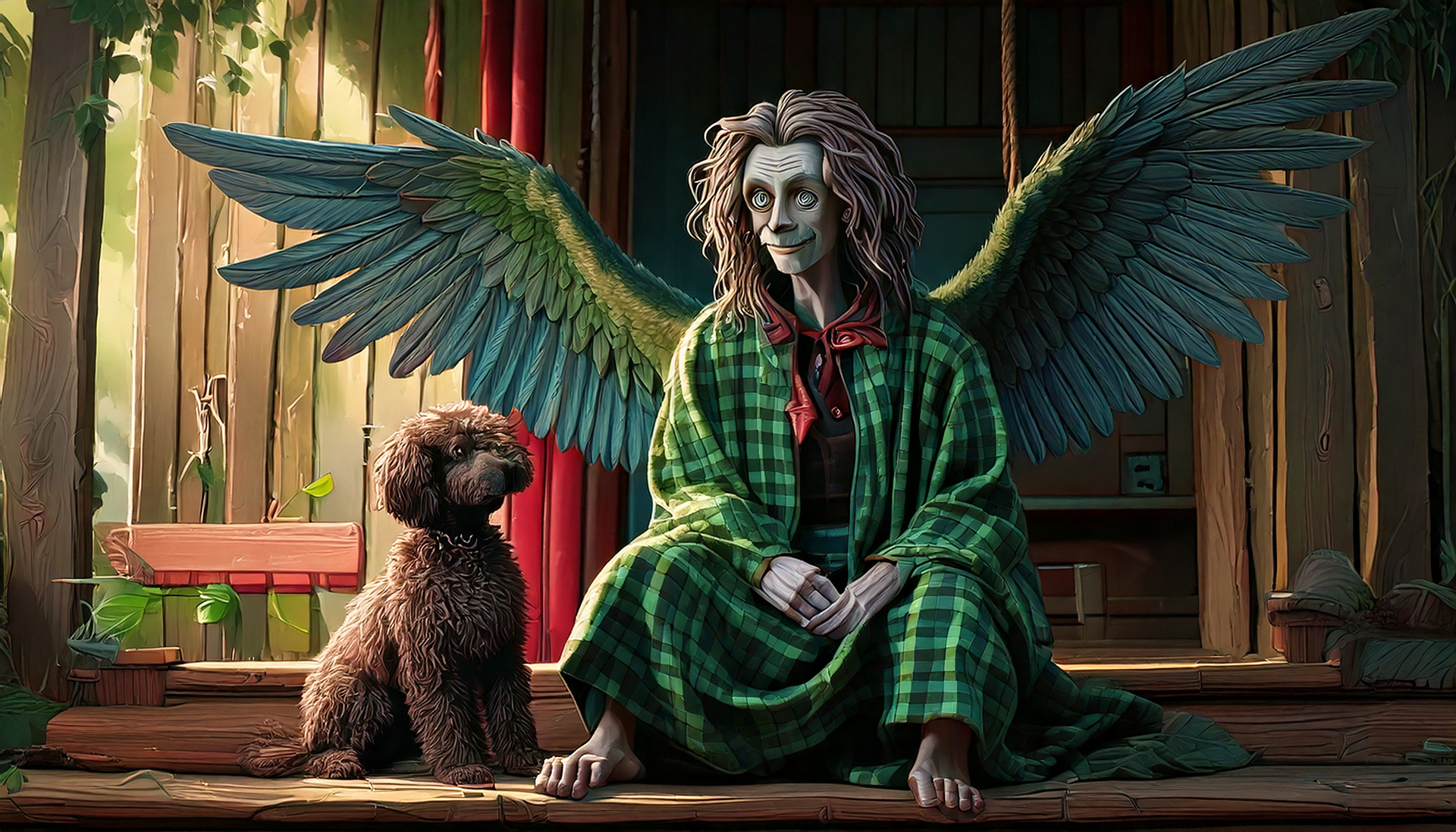 Southern fiction Mothman lounges with a poodle in "A Temporary Arrangement," a divorce short story that explores what happens when a cryptid joins the family.