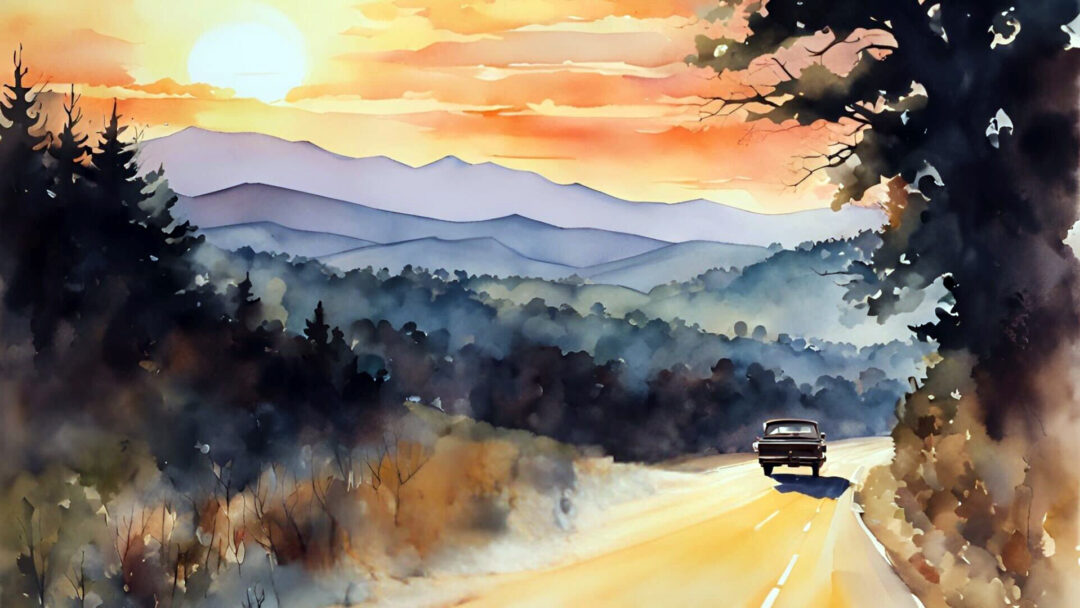 A watercolor sunset over rolling hills with a car on a winding road, symbolizing themes from Steve Cushman’s poetry collection about family, memory, and emotional everyday moments.