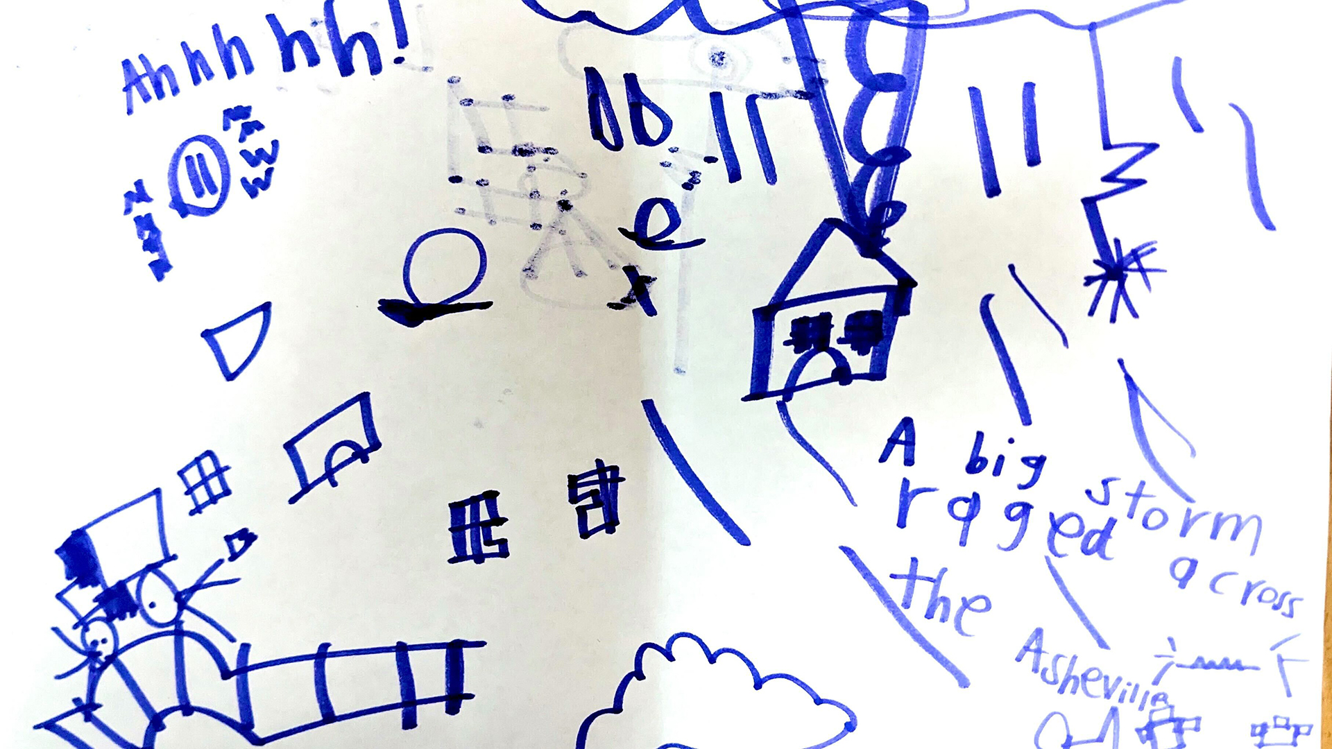 This drawing, titled "A Big Storm Raged Through the Asheville," reflects Zachary’s interpretation of Hurricane Helene’s aftermath. The chaotic imagery—storm clouds, a distressed house, and broken structures—captures his sensory processing of the disaster. The text integrates his unique communication style influenced by autism and his resilience through natural disasters.