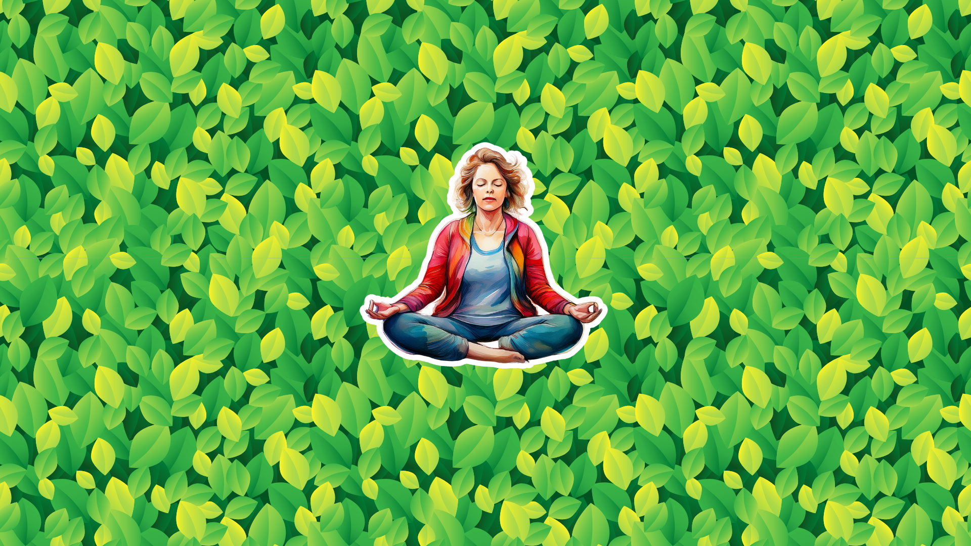 An illustration of a harried mother of three trying to meditate amidst lush green leaves, symbolizing a mother’s journey through a tiny cabin family vacation, motherhood and self-discovery, and family travel mishaps.